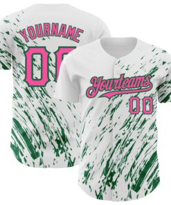 Custom White Pink-Kelly Green 3D Pattern Design Abstract Splash Authentic Baseball Jersey
