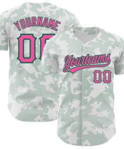 Custom White Pink-Kelly Green 3D Pattern Design Curve Lines Authentic Baseball Jersey