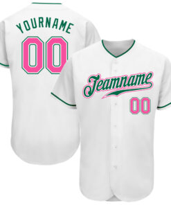 Custom White Pink-Kelly Green Authentic Baseball Jersey