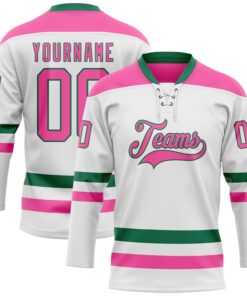 Custom White Pink-Kelly Green Hockey Lace Neck Jersey
