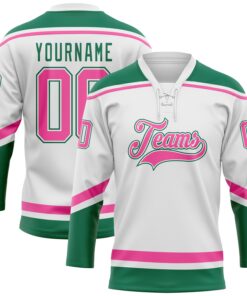 Custom White Pink-Kelly Green Hockey Lace Neck Jersey