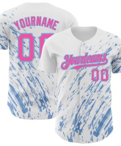 Custom White Pink-Light Blue 3D Pattern Design Abstract Splash Authentic Baseball Jersey