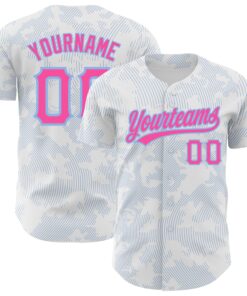 Custom White Pink-Light Blue 3D Pattern Design Curve Lines Authentic Baseball Jersey