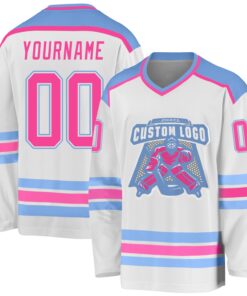 Custom White Pink-Light Blue Hockey Jersey