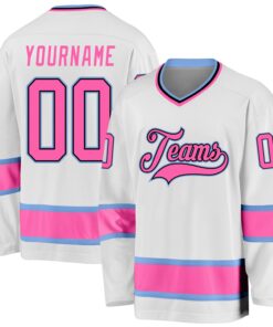 Custom White Pink-Light Blue Hockey Jersey
