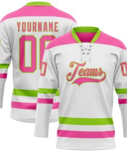 Custom White Pink-Neon Green Hockey Lace Neck Jersey