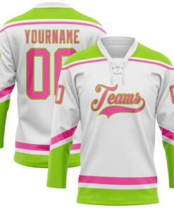 Custom White Pink-Neon Green Hockey Lace Neck Jersey