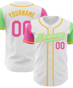 Custom White Pink Pea Green-Gold Authentic Two Tone Baseball Jersey
