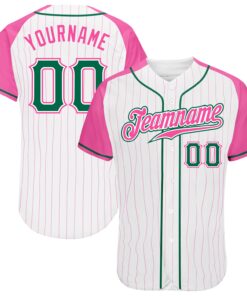 Custom White Pink Pinstripe Kelly Green-Pink Authentic Raglan Sleeves Baseball Jersey