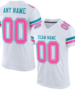 Custom White Pink-Teal Mesh Authentic Football Jersey