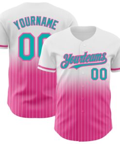 Custom White Pinstripe Aqua-Pink Authentic Fade Fashion Baseball Jersey