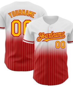 Custom White Pinstripe Gold-Red Authentic Fade Fashion Baseball Jersey