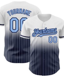 Custom White Pinstripe Light Blue-Navy Authentic Fade Fashion Baseball Jersey