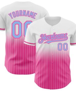 Custom White Pinstripe Light Blue-Pink Authentic Fade Fashion Baseball Jersey