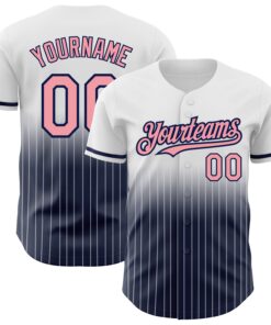 Custom White Pinstripe Medium Pink-Navy Authentic Fade Fashion Baseball Jersey