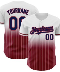 Custom White Pinstripe Navy-Crimson Authentic Fade Fashion Baseball Jersey