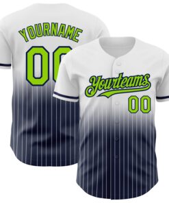 Custom White Pinstripe Neon Green-Navy Authentic Fade Fashion Baseball Jersey
