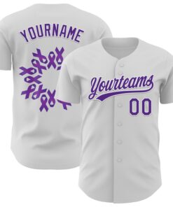 Custom White Purple 3D Pancreatic Cancer Ribbon Authentic Baseball Jersey