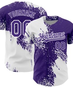 Custom White Purple 3D Pattern Design Abstract Brush Stroke Authentic Baseball Jersey