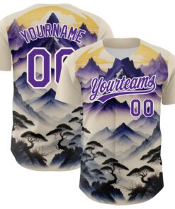 Custom White Purple 3D Pattern Design Mountains Landscape Authentic Baseball Jersey