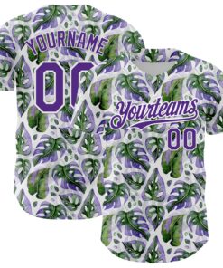 Custom White Purple 3D Pattern Design Tropical Monstera Authentic Baseball Jersey