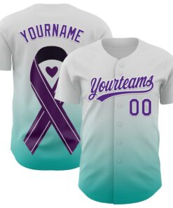 Custom White Purple-Aqua 3D Testicular Cancer Ribbon Authentic Baseball Jersey