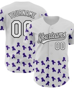 Custom White Purple-Black 3D Gynecological Cancer Ribbon Authentic Baseball Jersey