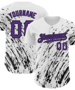 Custom White Purple-Black 3D Pattern Design Abstract Splash Authentic Baseball Jersey