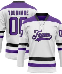 Custom White Purple-Black Hockey Lace Neck Jersey