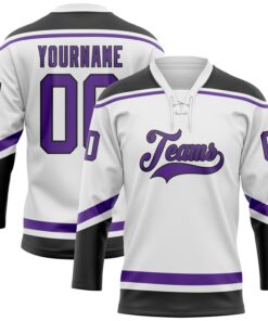 Custom White Purple-Black Hockey Lace Neck Jersey