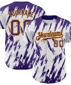 Custom White Purple-Gold 3D Pattern Design Abstract Sharp Shape Authentic Baseball Jersey