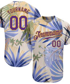 Custom White Purple-Gold 3D Pattern Design Hawaii Palm Leaves And Flowers Authentic Baseball Jersey