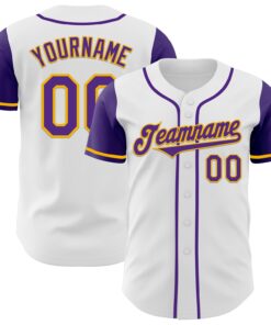 Custom White Purple-Gold Authentic Two Tone Baseball Jersey