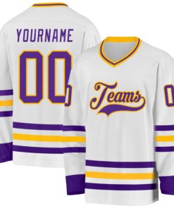 Custom White Purple-Gold Hockey Jersey