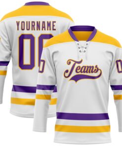 Custom White Purple-Gold Hockey Lace Neck Jersey