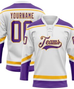 Custom White Purple-Gold Hockey Lace Neck Jersey