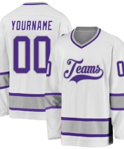Custom White Purple-Gray Hockey Jersey