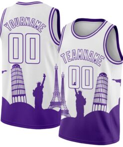 Custom White Purple Holiday Travel Monuments Silhouette Authentic City Edition Basketball Jersey
