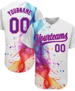 Custom White Purple-Pink 3D Pattern Design Music Festival Colorful Musical Notes Authentic Baseball Jersey