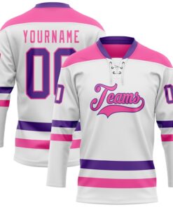 Custom White Purple-Pink Hockey Lace Neck Jersey