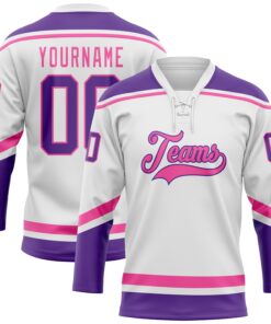 Custom White Purple-Pink Hockey Lace Neck Jersey