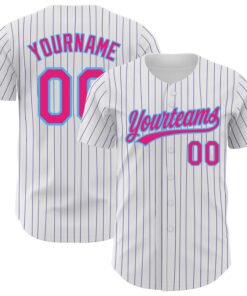 Custom White Purple Pinstripe Hot Pink-Sky Blue Authentic Baseball Jersey