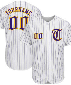 Custom White Purple Pinstripe Purple-Gold Authentic Baseball Jersey
