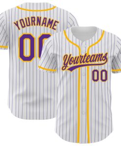 Custom White Purple Pinstripe Purple-Gold Authentic Baseball Jersey