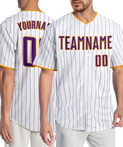 Custom White Purple Pinstripe Purple-Gold Authentic Baseball Jersey