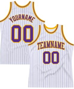 Custom White Purple Pinstripe Purple-Gold Authentic Basketball Jersey