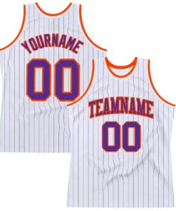 Custom White Purple Pinstripe Purple-Orange Authentic Basketball Jersey