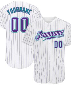 Custom White Purple Pinstripe Purple-Teal Authentic Baseball Jersey