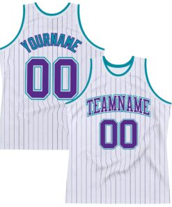 Custom White Purple Pinstripe Purple-Teal Authentic Basketball Jersey