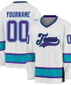 Custom White Purple-Teal Hockey Jersey